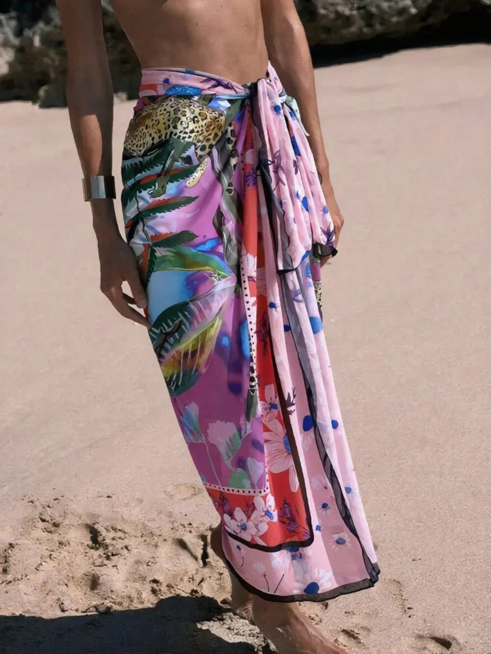 Multicolor Women's Tropical Print Knot Side Cover Up Skirt